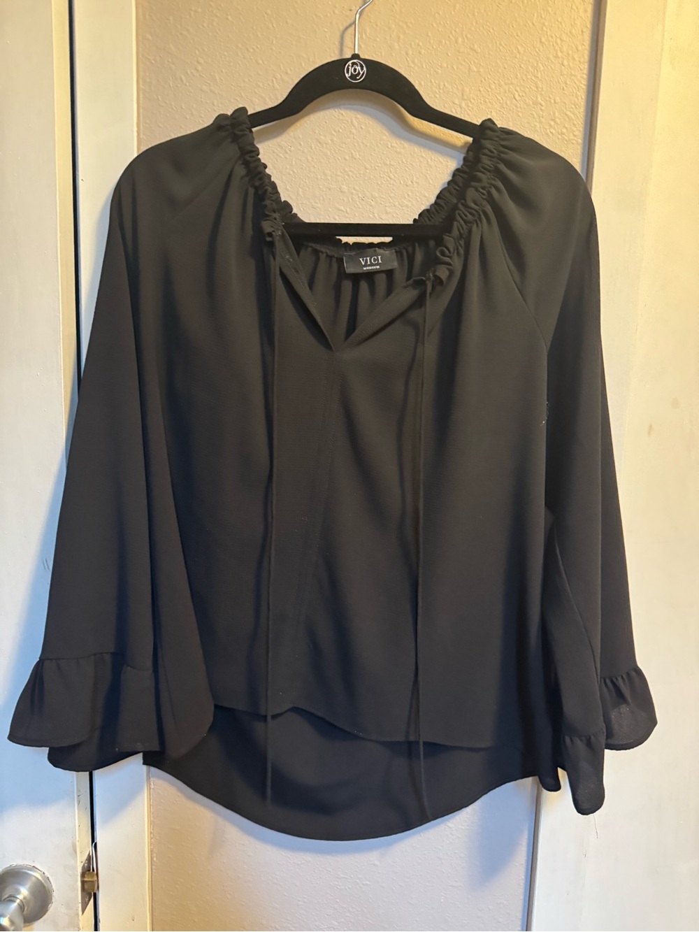 VICI Black Ruffle-Hem Peasant Blouse with Tie Neck